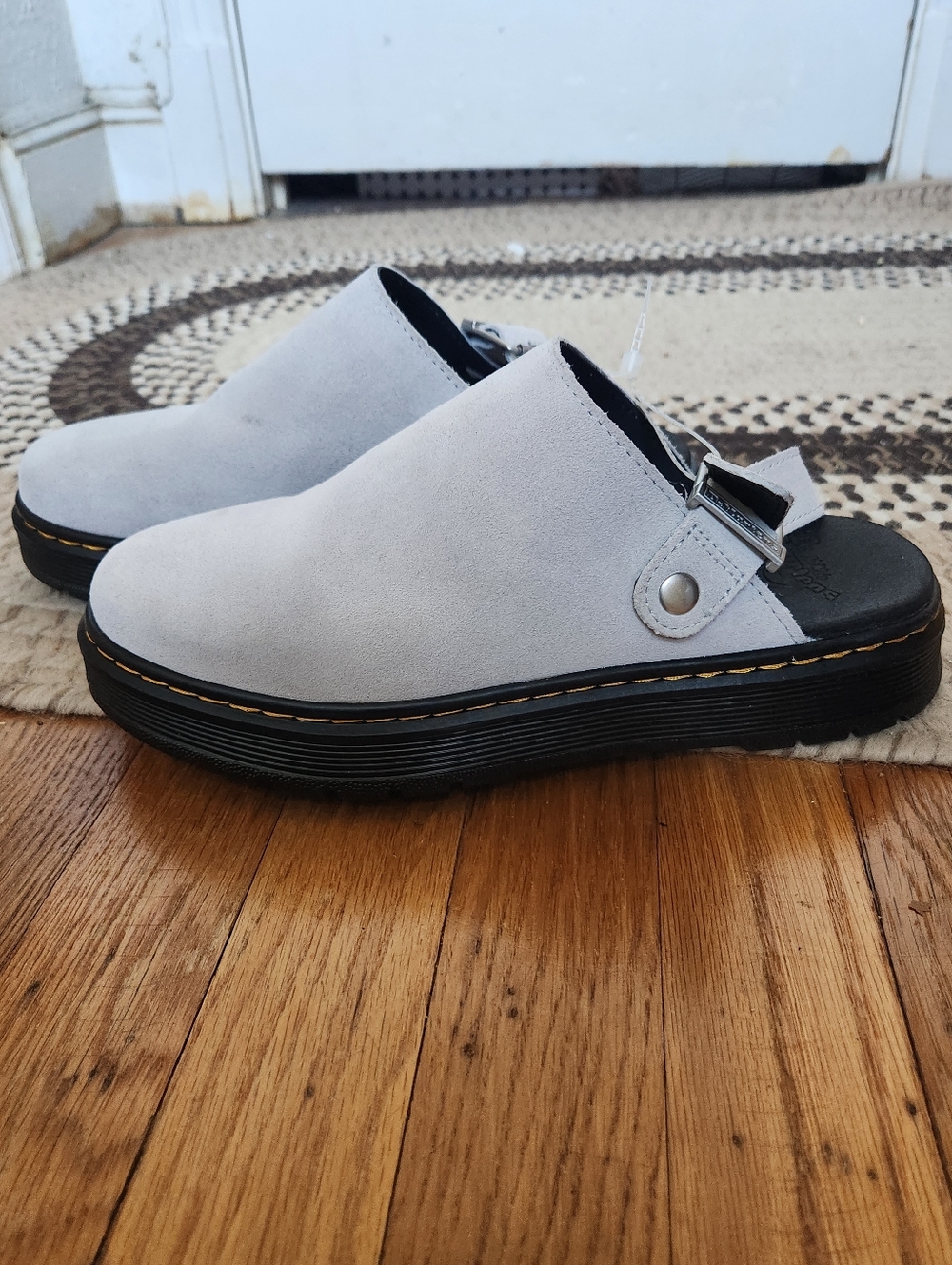 Gray Suede Dr. Martens Brookline Mule Slip-On with Black Platform Sole